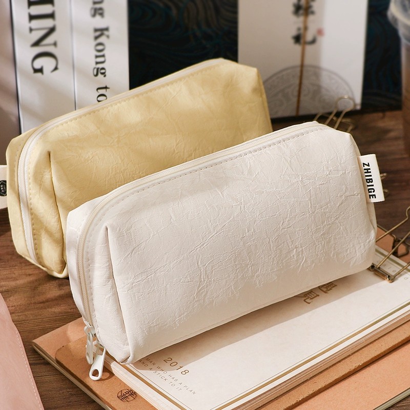Aesthetic Large Pencil Case Pouch - Kawaii Krem Deri Kalem Kutusu Su